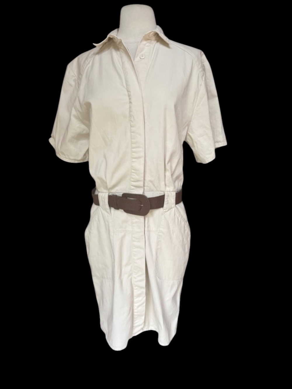 1990s Moda Int’l 100% Cotton, Made in USA, Light Beige Front-Button Shirt Dress
